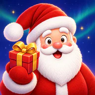 The app icon: Santa smiling and holding a red present under the northern lights.