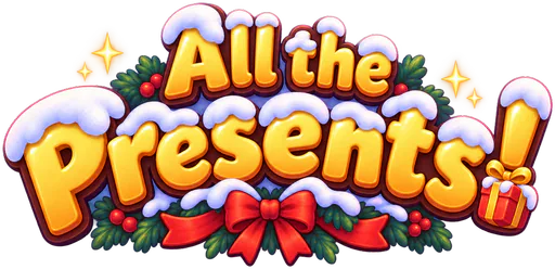 The All the Presents! logo: gold lettering with snow on top, holly and a red bow.