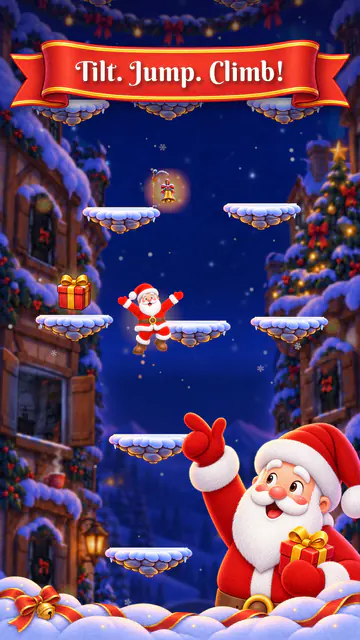 Santa bounces up snowy ledges under the banner "Tilt. Jump. Climb!", with a big Santa in the corner.