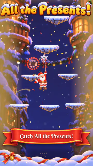 All the Presents!: fireworks, Pip's sleigh and Santa towed up the screen, under the banner "Catch All the Presents!".