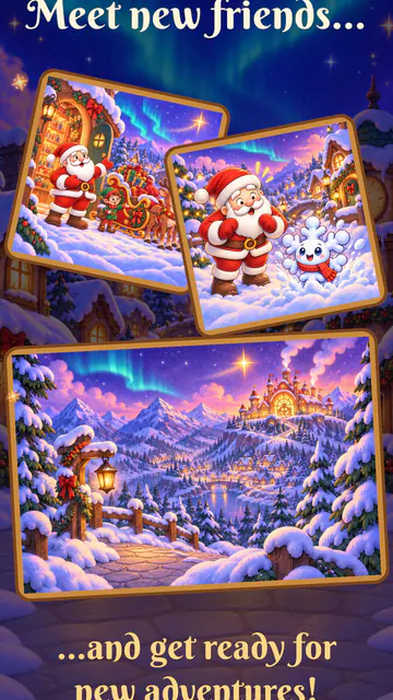Two storybook pages of Santa and Snowflake and a landscape page, headed "Meet new friends..." and "...and get ready for new adventures!".