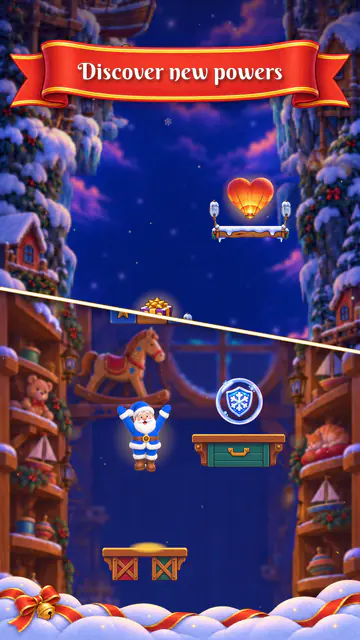 A blue-suited Santa with a frost shield inside the Toy Workshop, under the banner "Discover new powers".
